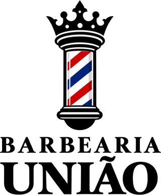 Logo da Barbearia União: coroa sobre um poste de barbeiro listrado em vermelho, branco e azul, com o nome da barbearia.